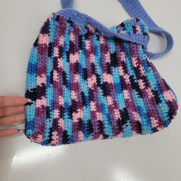 Knit Crochet Shoulder Bag Boho Artisan Hand Made Purse Satchel Purple Drawstring - Picture 10 of 14